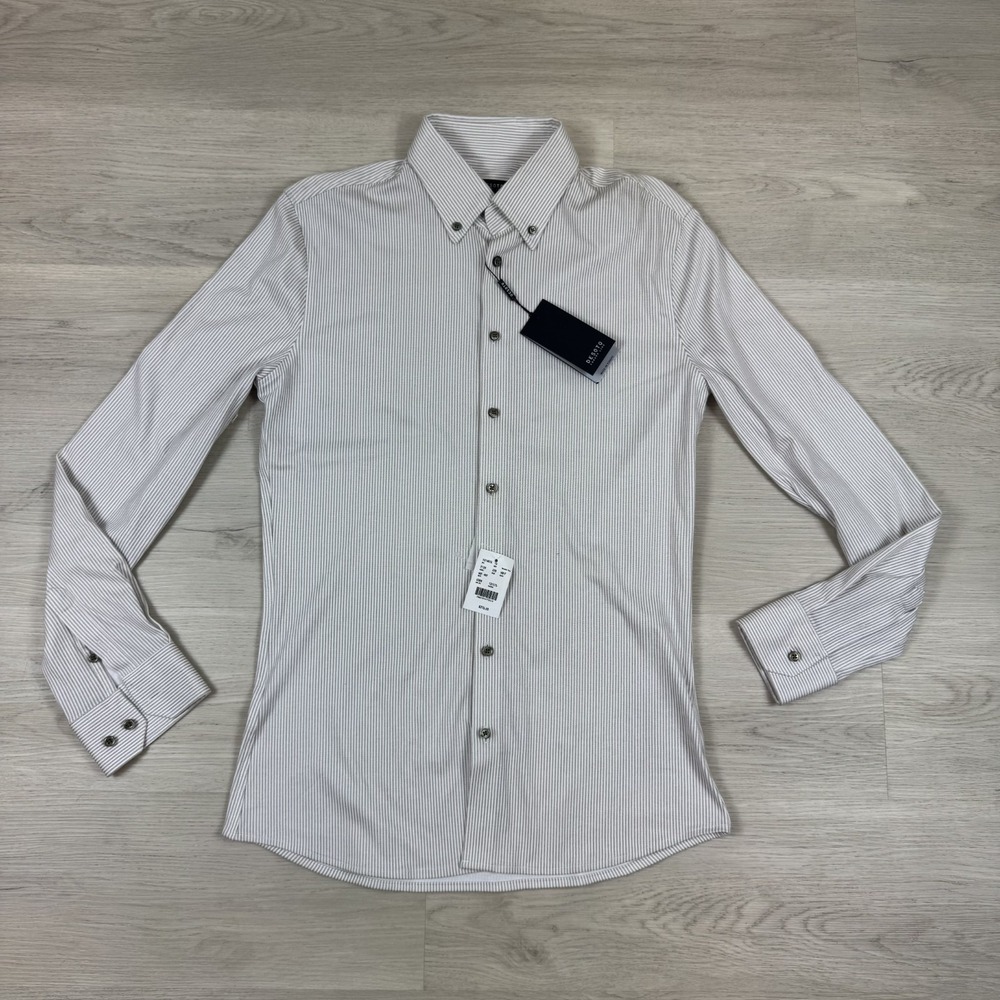 Desoto Striped Dress Shirt Mens 38 15 in White Beige 100% Cotton Jersey